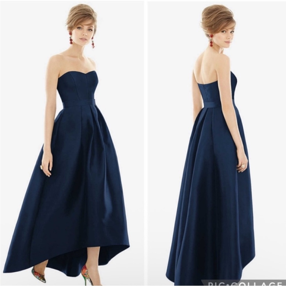 ALFRED SUNG Straples Satin High Low Dress With Pockets in Midnight Size 12 R
